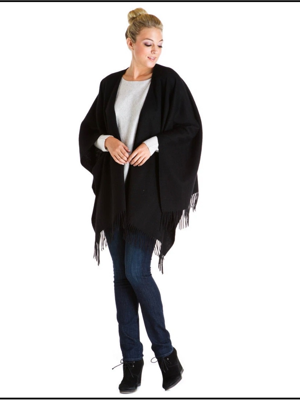 Portolano wool Black Fringe Open-Front Wrap Cape